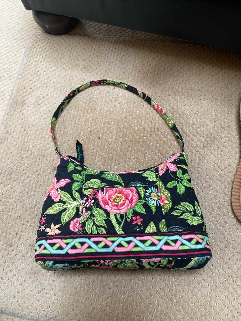 Vera Bradley Black Quilted Shoulder Bag with Pink and Green Floral Print